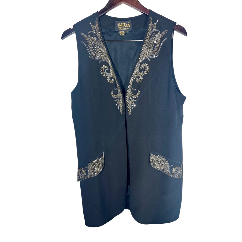 Bob Mackie Vest Women S Black Beaded Silk Wearable Art Longline